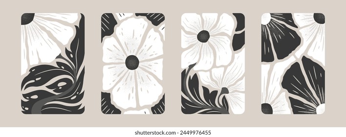 Ilustraciones vectoriales colección de estampados vintage con flores abstractas blancas y negras aisladas sobre fondo gris. Plantillas de diseño monocromo floral para impresión de póster, invitación, tarjeta