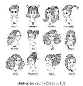 Vector illustrations collection of zodiac signs line art girls portraits
