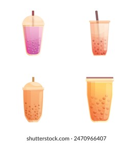 Vector illustrations of colorful bubble tea in various flavors with tapioca pearls