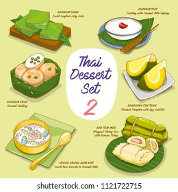 Vector illustrations of colorful Thai dessert  set (Khanom Thai)
