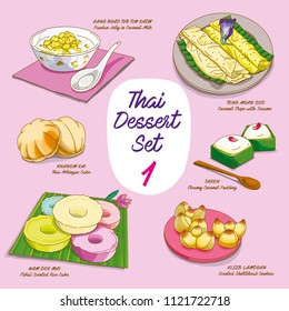 Vector illustrations of colorful Thai dessert  set (Khanom Thai)