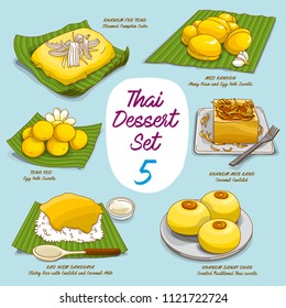 Vector illustrations of colorful Thai dessert  set (Khanom Thai)