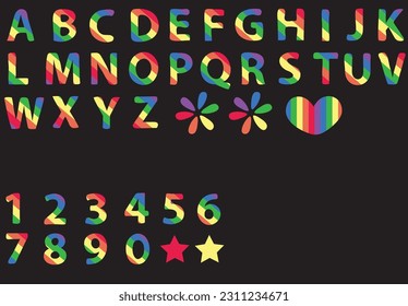 Vector illustrations of colourful rainbow A-Z alphabet and number design for Pride Month, font, typography, letters, calligraphy, text, message, campaign badge, initials, sign, symbol, brand logo