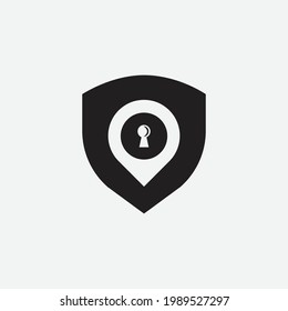 vector illustrations. combination logo from shield, lock and pin logo with simple concept. minimalist black logo. protection data saver