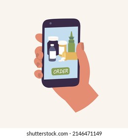 Concepto de Vector Illustrations comprando las píldoras en línea con el smartphone. Pedidos de medicamentos