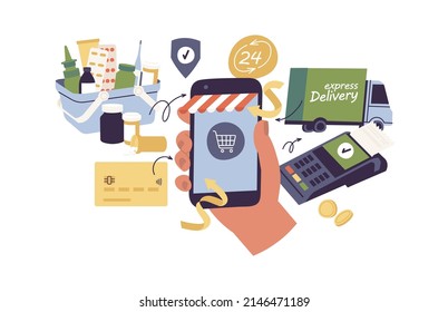 Vector Illustrations concept buying the pills online with the smartphone. Ordering medicines