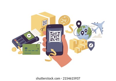 Vector Illustrations Concept Of Delivery, Cheking Online Status Of Your Package With The Smartphone. Delivery Service