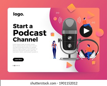 Vector ilustraciones concepto de diseño de podcast canal. El trabajo en equipo hace podcasting.La mesa de micrófonos de Studio transmite gente. Icono de radio podcast. 