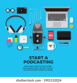 Vector illustrations concept design podcast channel. Teamwork make podcasting.Studio microphone table broadcast people. Podcast radio icon. 