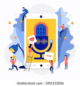 Vector illustrations concept design podcast channel. Teamwork make podcasting.Studio microphone table broadcast people. Podcast radio icon. 