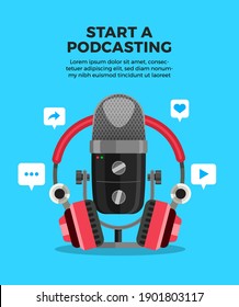 Vector illustrations concept design podcast channel. Teamwork make podcasting.Studio microphone table broadcast people. Podcast radio icon. 