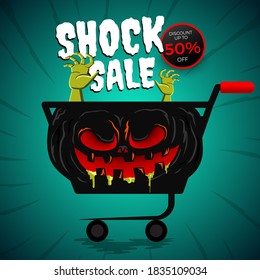 Vector illustrations concept halloween sale. Monster cart. Banner design template. Vector illustrate.