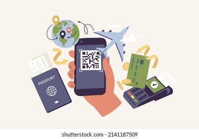 Concepto de Ilustraciones Vectoras de pedido de billetes de avión en línea. Mano humana sosteniendo un teléfono móvil con un billete de código QR rodeado de artículos de viaje