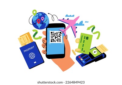 Concepto de Ilustraciones Vectoras de pedido de billetes de avión en línea. Mano humana sosteniendo un teléfono móvil con un billete de código QR rodeado de artículos de viaje