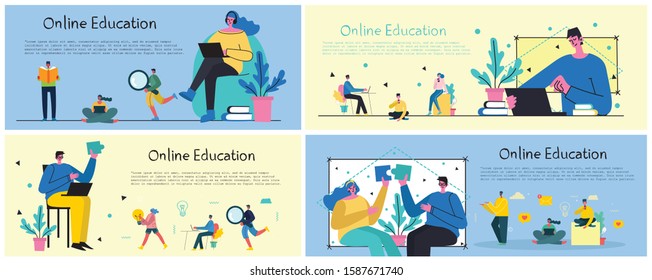 Vector illustrations of concept of Online education, training, workshops and scenes at office in flat design