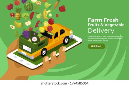 Vector illustrations concept online fruits & vegetables delivery service. Farm fresh food mobile application. Vector illustrate.