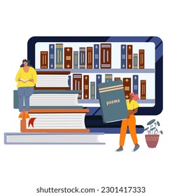Las ilustraciones vectoriales son el concepto de biblioteca en línea, librería en línea y lectura.