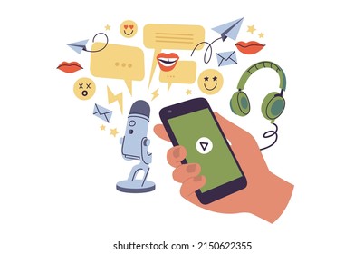 Vector illustrations concept of podcast recording and listening, broadcasting, online radio, audio streaming service with mobile phone