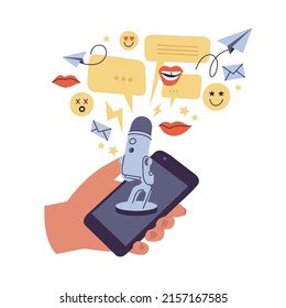 Vector illustrations concept of podcast recording and listening, broadcasting, online radio, audio streaming service with mobile phone