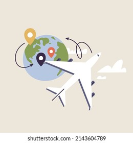 Concepto de Ilustraciones Vectoras del mundo del turismo con ubicación de puntos y avión