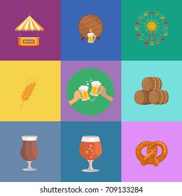 Vector illustrations concerning oktoberfest. Images of beer barrels, pints of beer, ears of wheat, attractions and food courts on colorful background.
