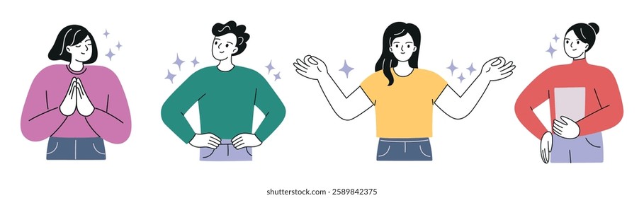 Vector illustrations of confident people in flat cartoon style. Minimalist characters, business men and women, standing in poses expressing self assurance, gratitude, calm, and balance emotions