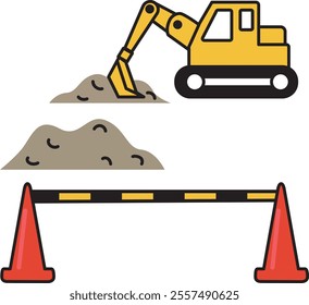 Vector illustrations of construction sites, triangular cones, corn bars, and bulldozers