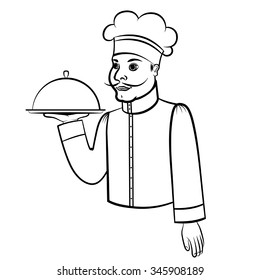 Vector illustrations of contour cartoon cook with a tray