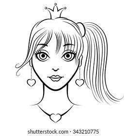 Vector illustrations of contour cartoon portrait beautiful princess