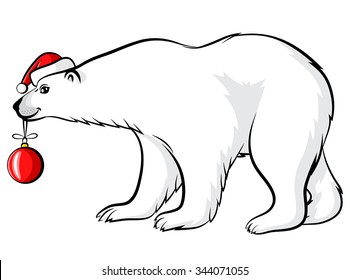 Vector illustrations of contour Christmas cartoon polar bear in Santa cap