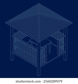 Vector illustrations contour designs of wooden gazebos. Isometric view