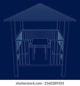 Vector illustrations contour designs of wooden gazebos. Front view