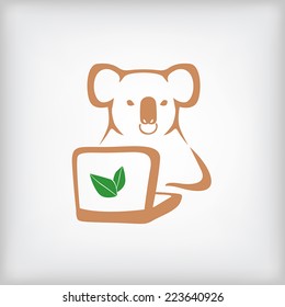 Vector illustrations of contour image of koala with a notebook decorated green leaves