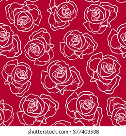 Vector illustrations of contour roses flowers pattern seamless on red background