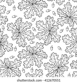 Vector illustrations of contour rosettes oak leaves and acorns pattern seamless