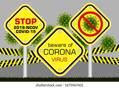 vector illustrations  of coronavirus COVID-19. Coronavirus 2019-ncov. Corona virus 2020. china pathogen respiratory infection. quarantine on crossing police lines concept on grey background.