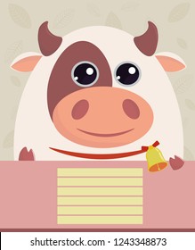 Vector illustrations, Covers for notebooks or books. Cartoon bull on a beige background with foliage