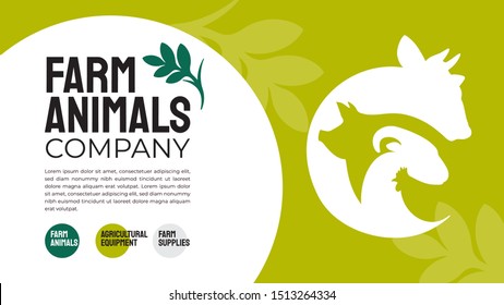 Vector illustrations of cow, pig, goat, chicken. Logo with farm animals. Brand identity design for agriculture, farming, livestock company. Template for banner, annual report, print, layout, flyer,web