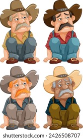 Vector illustrations of a cowboy with varying expressions.