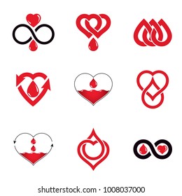Vector illustrations created on blood donation theme, blood transfusion and circulation metaphor. Rehabilitation conceptual vector logotypes for use in pharmacology.