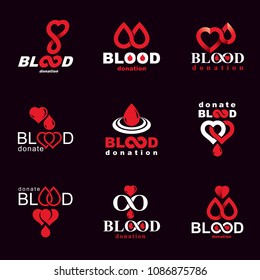 Vector illustrations created on blood donation theme, blood transfusion and circulation metaphor. Rehabilitation conceptual vector logotypes for use in pharmacology.
