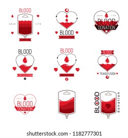 Vector illustrations created on blood donation theme, blood transfusion and circulation metaphor. Rehabilitation conceptual vector logotypes for use in pharmacology.