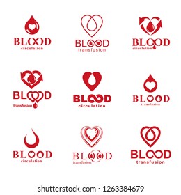 Vector illustrations created on blood donation theme, blood transfusion and circulation metaphor. Rehabilitation conceptual vector logotypes for use in pharmacology.