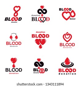 Vector illustrations created on blood donation theme, blood transfusion and circulation metaphor. Rehabilitation conceptual vector logotypes for use in pharmacology.