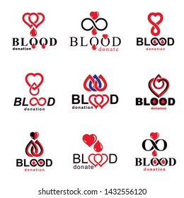 Vector illustrations created on blood donation theme, blood transfusion and circulation metaphor. Rehabilitation conceptual vector logotypes for use in pharmacology.