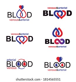 Ilustraciones vectoriales creadas sobre el tema de la donación de sangre, la transfusión de sangre y la metáfora de la circulación. Lotipos vectoriales conceptuales de rehabilitación para uso farmacológico.