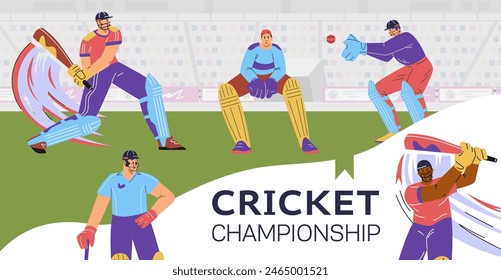 Vector illustrations of the cricket championship: stadium, players in uniform with bat, ball, helmet and gloves. Exciting image of the match and team gameplay.