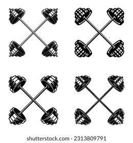 Vector illustrations of crossed sports barbells. Perfect for fitness and sports-related designs. Use them for posters, logos, t-shirts, and more.