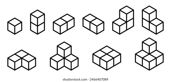 Vector illustrations of cubes in various arrangements in a simple black and white design. Editable stroke.