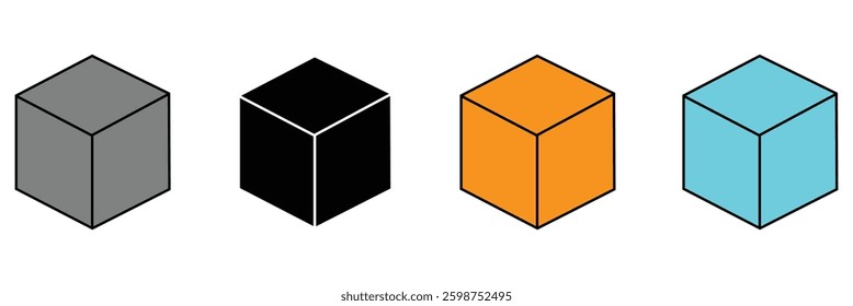 Vector illustrations of cubes in various arrangements in a simple black and white design. Editable stroke. Vector Illustration .